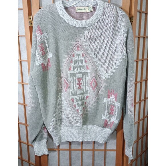 St Johns Bay Southwest Knit Sweater L 42-44 Gray 100% Cotton USA Vintage - Picture 2 of 11